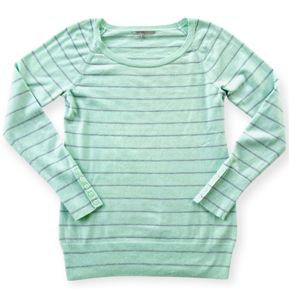 GAP Sophie Striped Soft Wool Blend Sweater With Button Cuffs Mint Green Size M